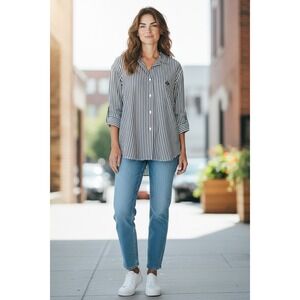 Striped‎ Button Down Shirt Womens Long Sleeve Collared Pocket Casual Top